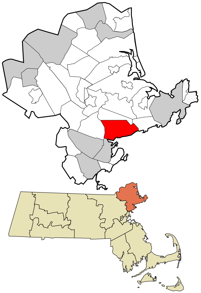 Locator map showing Beverly highlighted in red within Essex County, alongside a small map of Massachusetts.